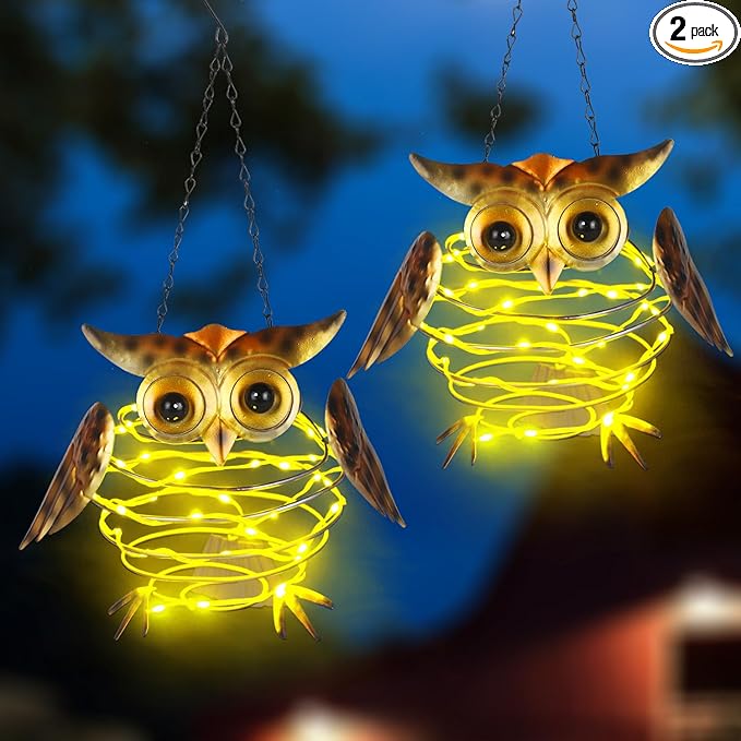 2 Pack Owl Solar Lights Outdoor Hanging Lantern with Handle, Solar Powered Owl Garden Decor for Outside Patio Yard Porch Pathway Owl Gifts for Women (Warm White LED Lights)