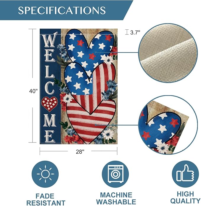 AVOIN colorlife Patriotic 4th of July Welcome House Flag 28x40 Inch Double Sided, Memorial Day American Stars and Stripes Love Heart Yard Outdoor Decoration