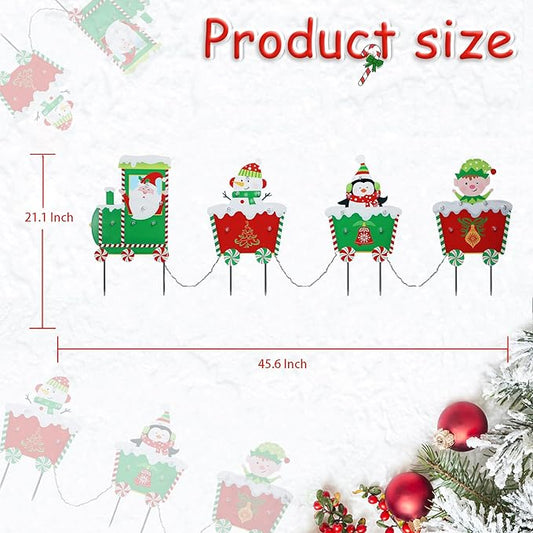 WONDER GARDEN Christmas Yard Stakes, 4 PCS LED Light Christmas Train Decor with Santa Claus, Snowman, Penguin and Elf Yard Signs Yard Decorations for Lawn Decorations