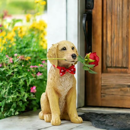 Dog Valentine Day Decorations Outside - Puppy Rose Statues for Garden Decor, Valentine's Day Gifts Garden Statues for Outdoor Patio Balcony Yard, Unique Golden Retriever Gifts for Women 11x5.5x13IN