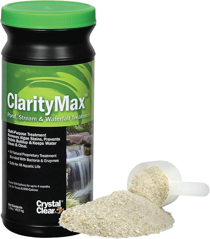 CrystalClear ClarityMax, All-in-One Pond Clarifier Treatment, All-Natural Beneficial Microbes & Enzymes Provide Max Clarity, Koi Fish & Pet Safe, Algae Stain Remover, Crystal Clear Water Garden 1 LB