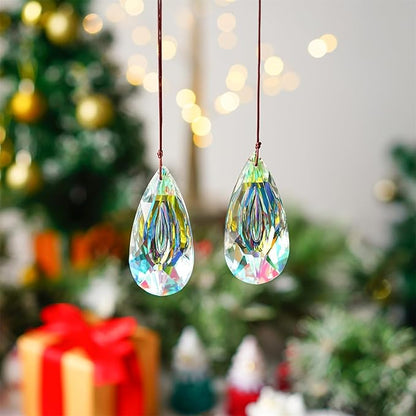 HDCRYSTALGIFTS 2pcs 89mm Hanging Crystal Prisms Suncatchers, Sun Catcher Indoor Window Rainbow Maker Crystals for Home Garden Decor Glass Ornaments for Christmas Tree