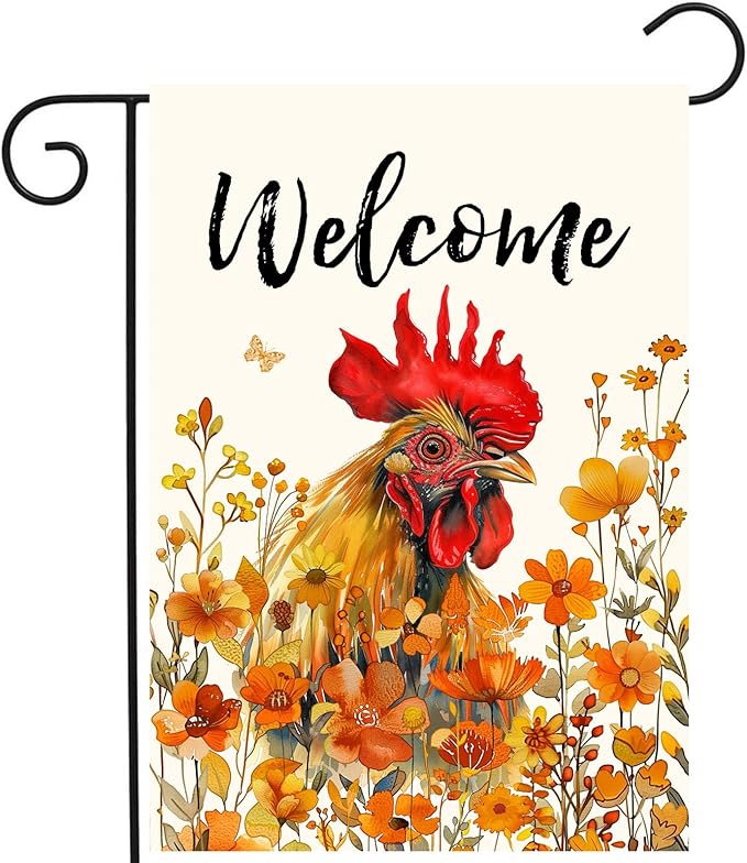 Chicken Fall Garden Flag Autumn Rooster Yard Sign Orange Floral Thanksgiving Outdoor Banners for Outside 12x18 Double Sided Small Wild Flower Lawn Decorations