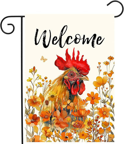 Chicken Fall Garden Flag Autumn Rooster Yard Sign Orange Floral Thanksgiving Outdoor Banners for Outside 12x18 Double Sided Small Wild Flower Lawn Decorations