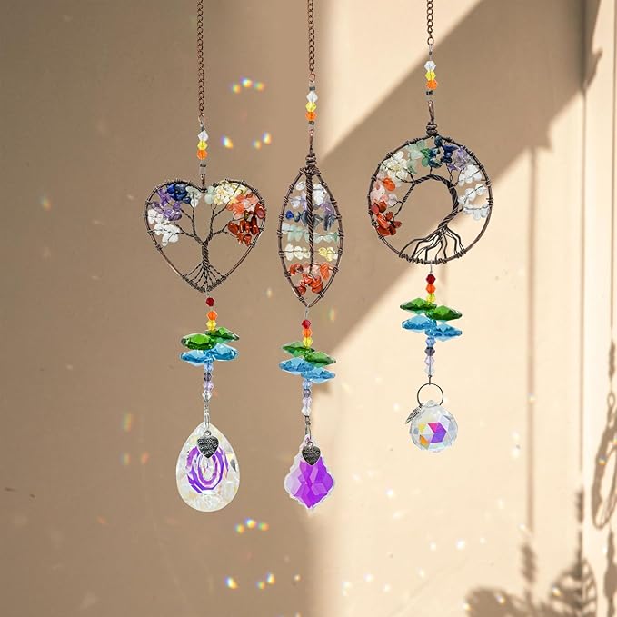 MrMrKura Tree of Life Crystal Suncatcher for Window Hanging, 3 Pieces Rainbow Maker with Prisms Decorative Sun Catcher Crystals Ornament for Indoor Home Decor