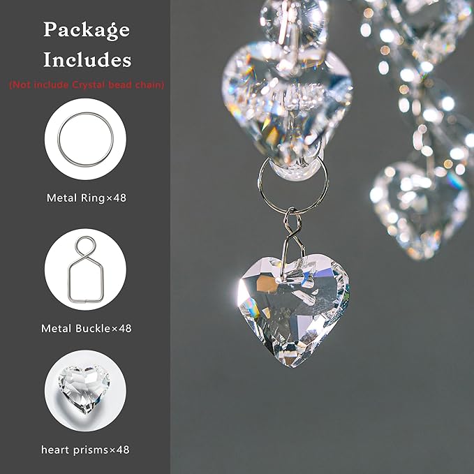 HDCRYSTALGIFTS 48pcs 20mm Clear Crystal Heart Prism Sun Catchers, Heart Prisms Rainbow Maker Chandelier Crystals, Hanging Suncatchers for Window, Garden, Home, Wedding, Glass Valentine's Day Ornaments
