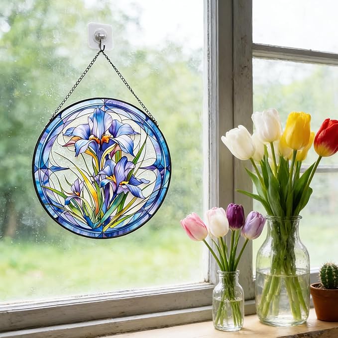 7.87" Sun Catchers Indoor Window,Butterfly Stained Glass Window Hanging, Window Suncatcher Hanging Ornaments Wall Art, Hand-Painted Glass Panel Home Decor (Style N)