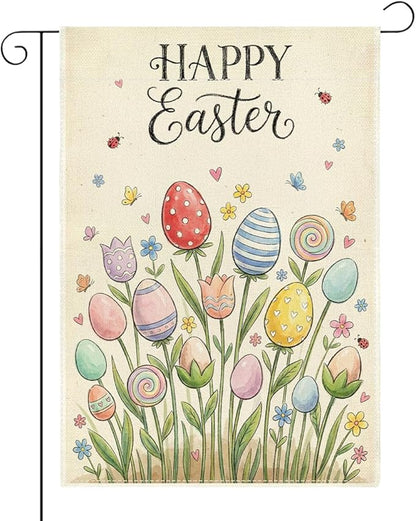 Happy Easter Flower Garden Flag Boho Easter Eggs Garden Flag Decor Spring Double Sided House Flag for Outside Yard Decorations 12×18 Inch