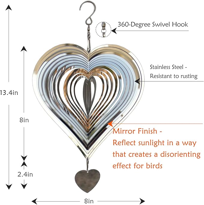 Phuryllic Wind Spinners Outdoor, Garden Decor, Bird Deterrents for Outside, 3D Metal Yard Decorations for Patio & Porch, Unique Gardening Gifts for Women & Moms - 8in Silver Heart