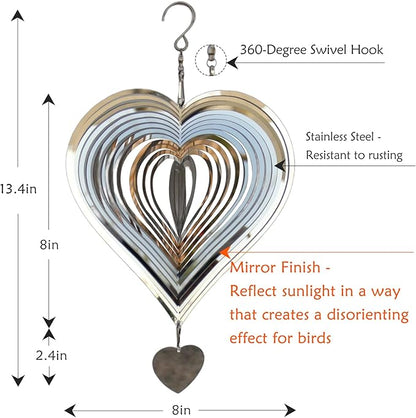 Phuryllic Wind Spinners Outdoor, Garden Decor, Bird Deterrents for Outside, 3D Metal Yard Decorations for Patio & Porch, Unique Gardening Gifts for Women & Moms - 8in Silver Heart