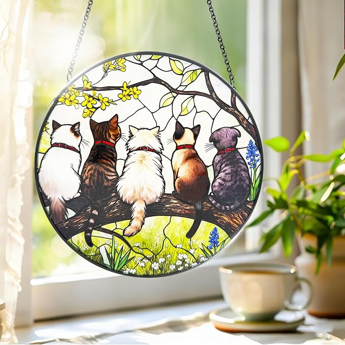 Stained Glass Suncatchers for Windows, 8 in Stained Glass Sun Catchers Indoor Window, Cat Suncatchers for Home Decor, Garden, Patio, Gift for Cat Lovers