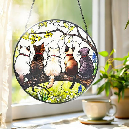 Stained Glass Suncatchers for Windows, 8 in Stained Glass Sun Catchers Indoor Window, Cat Suncatchers for Home Decor, Garden, Patio, Gift for Cat Lovers