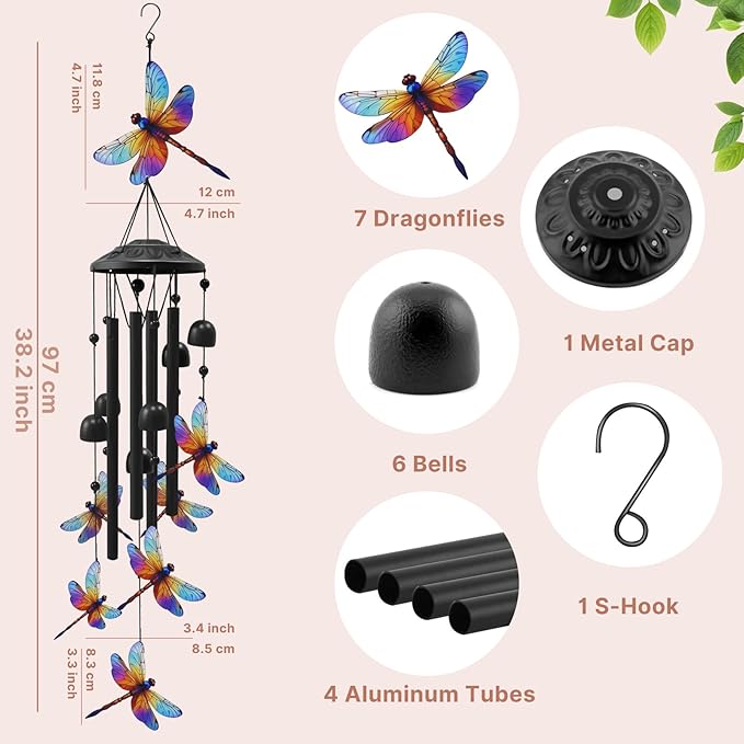 Dragonfly Wind Chimes for Outside, Black Metal Windchimes Outdoors, Dragonflies Gifts for Women/Men, Garden/Yard Decor, Memorial/Birthday Gifts for Grandma/Mom, Durable Chimes for Outdoors