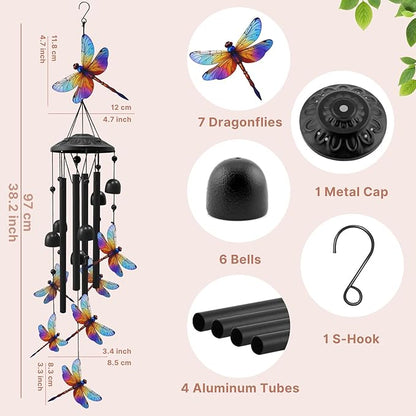 Dragonfly Wind Chimes for Outside, Black Metal Windchimes Outdoors, Dragonflies Gifts for Women/Men, Garden/Yard Decor, Memorial/Birthday Gifts for Grandma/Mom, Durable Chimes for Outdoors