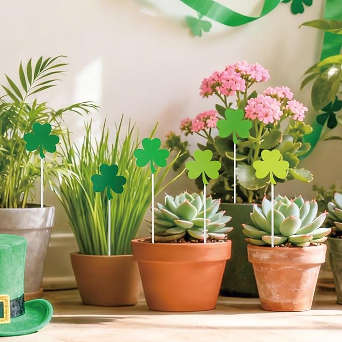 Metal St. Patrick's Day Planter Stakes - 6Pcs Green Shamrock Yard Sign Decorative Garden Stake for Planter Outdoor Backyard Pathway Lawn Plant Pot Decor St. Patrick's Day Spring Party Supply