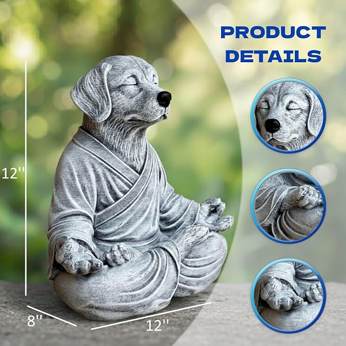 OLOMA Zen Garden Dog Sculpture Concrete Stone Statue Heavy Protective Resin Coating Weather Resistant Outdoor Indoor Patio Accent Display Feature Decorative Garden Accent Feature