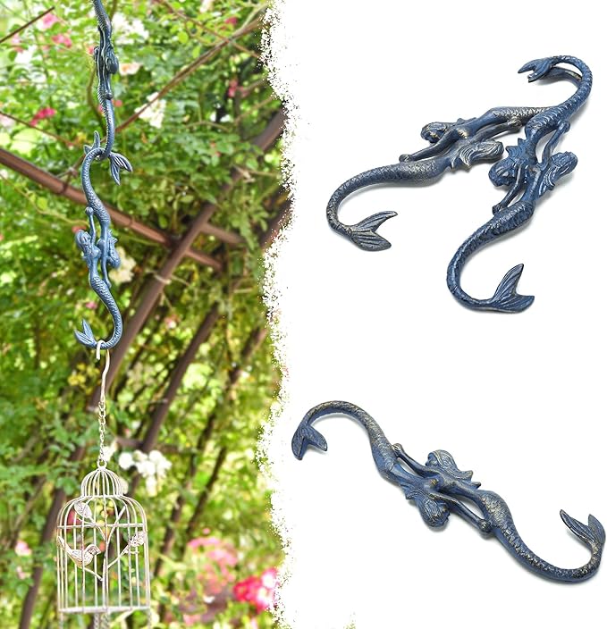 Sungmor Cast Iron Plant Hangers, 2PC Mermaid & 11 Inch Length, Large S Hooks for Hanging Plants, Ceiling Extender Hooks for Hanging Flower Basket, Planter, Macrame Plant Holder, Lantern, Windchime