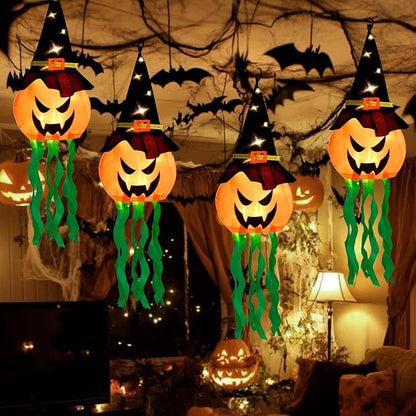 Halloween Decorations Outdoor, 4 PCS Hanging Lighted Glowing Pumpkin Witch Hat with 3 Modes Lighted Up Scary Orange Halloween Decorations for Indoor Outside Party Yard Tree Garden, 24Inch