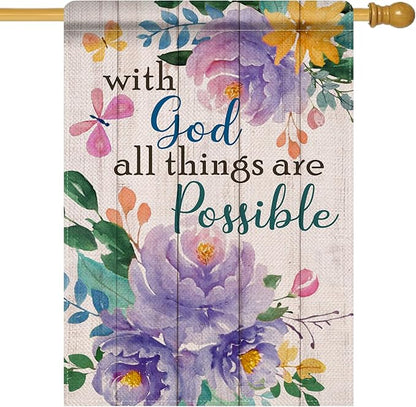 Artofy with God All Things are Possible Christian Large Decorative House Flag, Spring Summer Religious Purple Peony Flower Yard Garden Outside Decor, Inspirational Farm Outdoor Home Decoration 28 x 40