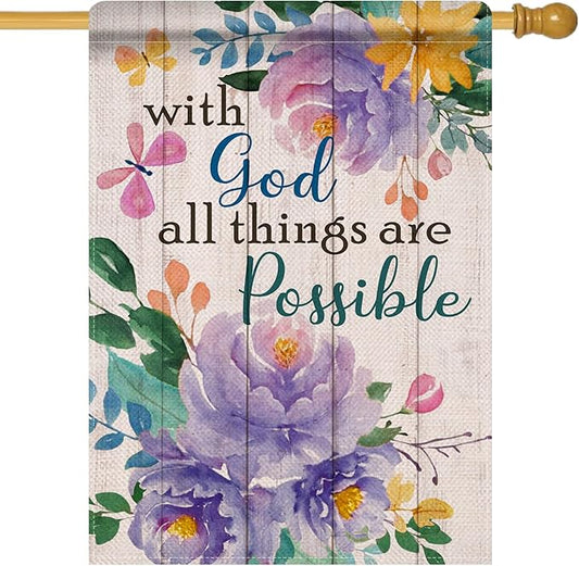 Artofy with God All Things are Possible Christian Large Decorative House Flag, Spring Summer Religious Purple Peony Flower Yard Garden Outside Decor, Inspirational Farm Outdoor Home Decoration 28 x 40