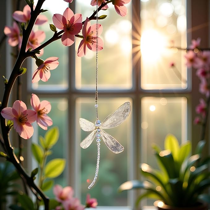 Dragonfly Pendant, Dragonfly Shape Rainbow Maker Hanging Crystal for Windows Garden Tree Car Wedding Room Decoration(15X15cm)