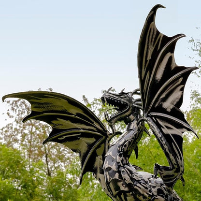 Zaer Ltd. Metal Dragon Rocking Garden Stake, Kinetic Wind Decor, Metallic Black Finish, Moving Wings (Tail to The Side Dayfyre)
