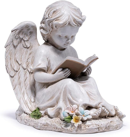 basen Solar Angel Garden Statue with LED Lighted Book, Resin Outdoor Guardian Angel Figurine, Waterproof Lawn Yard Patio Decor, Memorial Sympathy Sculpture for Porch Backyard Gift