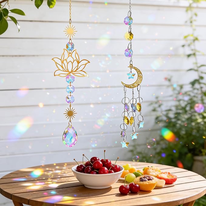 2Pcs Sun Catcher Crystals, Crystal Suncatchers Window Hanging, Natural Amethyst Pendant Ornament for Indoor Outdoor Prism Home Garden Meditation Decor