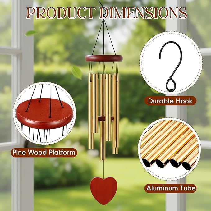 Leinuosen Wind Chimes for Outside Wind Chimes Outdoors Deep Tones 28" with 6 Aluminum Tubes Memorial Sympathy Windchime for Valentine Tree Decor Garden Courtyard Mom Loved One Gifts(Heart,Gold)