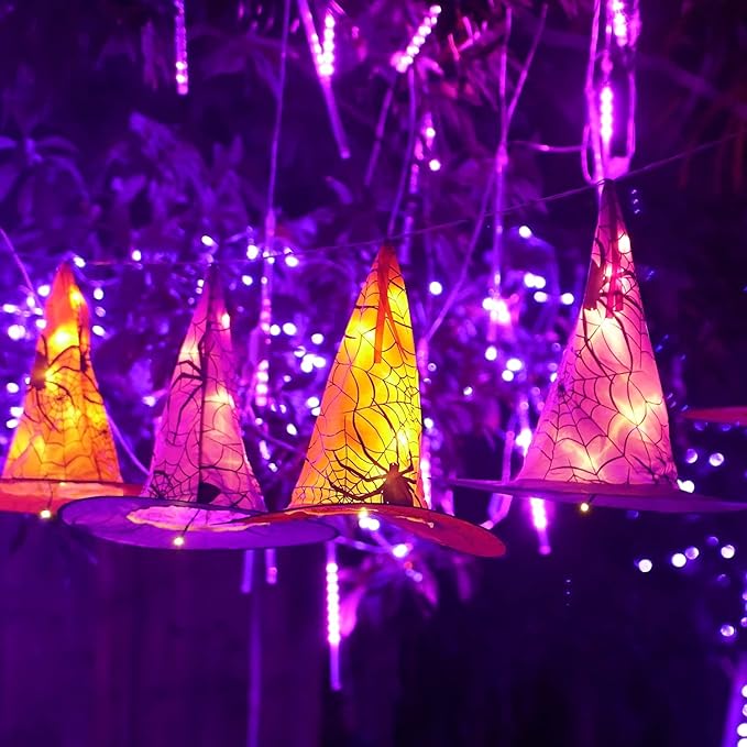 DAZZLE BRIGHT 8 Pcs Hanging Witch Hat String Lights, Light Up Waterproof Halloween Decorations with Remote Control for Outdoor Garden Party Carnival Supplies Decor (2 Pack)