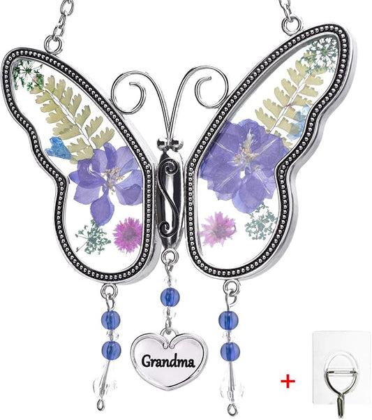 Laraine Butterfly Suncatcher with Pressed Flower Wings Mom Mother's Day Butterfly Glass Wind Chime Ornament Charm with Metal Heart Gifts for Mom Grandma Birthday (Purple Grandma (with Free Hook)