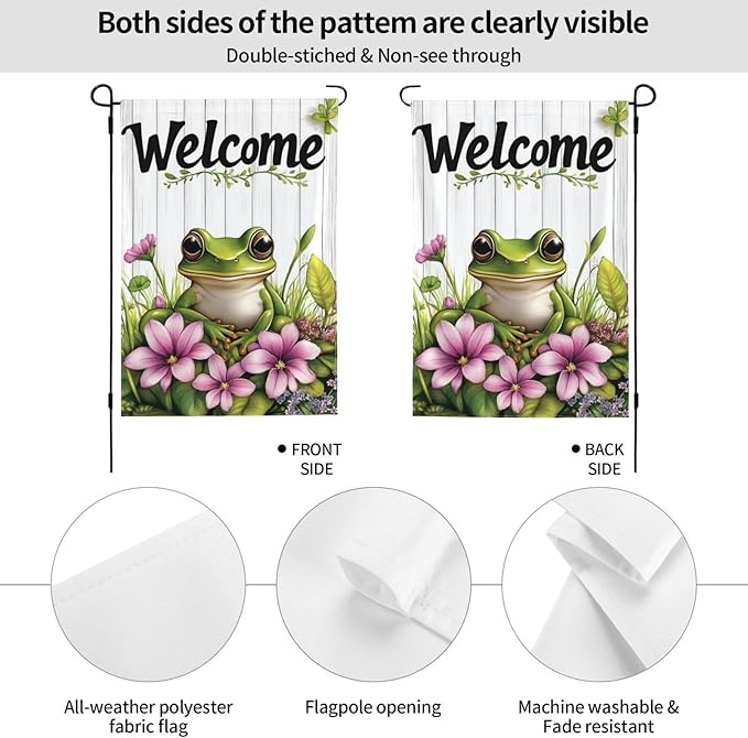 Welcome Frog Pink Flowers Garden Flags 12×18 Inch Double Sided Decorative Yard Banner Seasonal Flag for Outdoor Outside Decor
