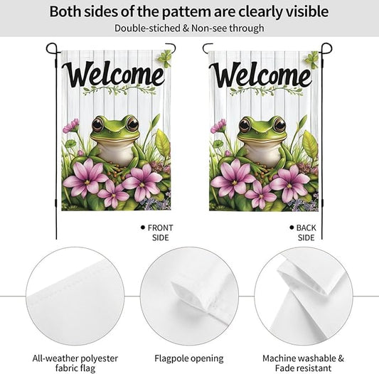 Welcome Frog Pink Flowers Garden Flags 12×18 Inch Double Sided Decorative Yard Banner Seasonal Flag for Outdoor Outside Decor