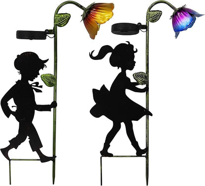 Solar Garden Lights 2 Pack, Boy Girl Silhouettes LED Landscape Lights, Metal Outdoor Decorative for Garden, Landscape, Path, Yard, Patio, Driveway