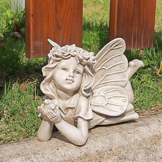 Garden Angel Statue with Bird - 11 Inch Outdoor Fairy Figurine, Weatherproof Resin Decor for Patio, Lawn & Flower Beds - Whimsical Gift for Garden Lovers, Mother's Day, Housewarming
