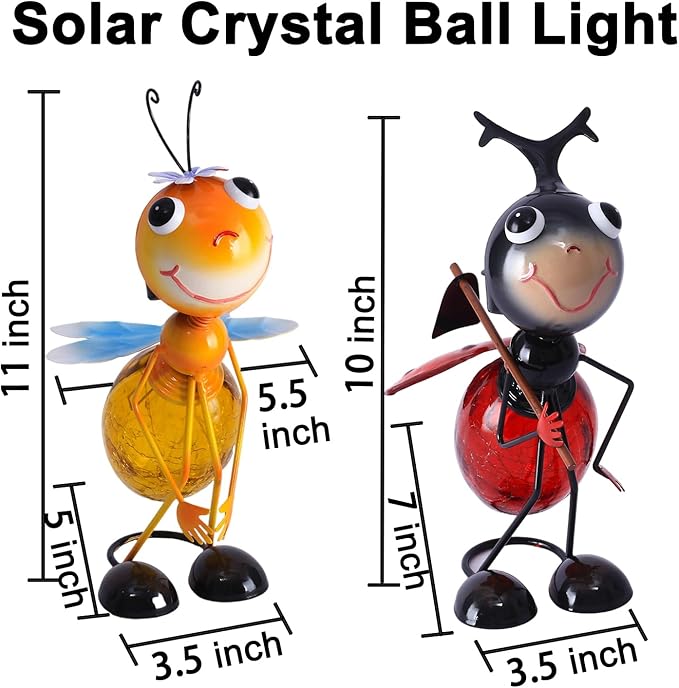 Solar Ladybug Lantern Outdoor Waterproof - Crackle Glass Globe LED Light, Cute Metal Bug Tabletop Lamp for Yard Patio Garden, Gift for Mom Women Grandma Housewarming