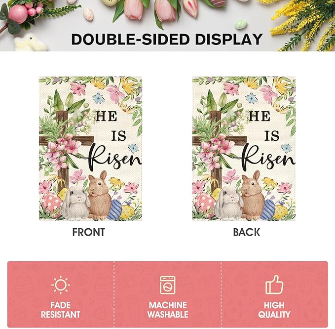 AVOIN colorlife He Is Risen Easter Garden Flag 12x18 Inch Double Sided Outside, Bunnies Flowers Cross Yard Outdoor Decoration