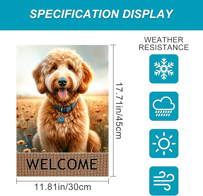BlissYard Dog Welcome Garden Flag 12x18 Inch – Double-Sided Outdoor Yard Flag, Spring Summer Garden Decor for Lawn Porch Patio Backyard, Goldendoodle Dog Lovers Gift