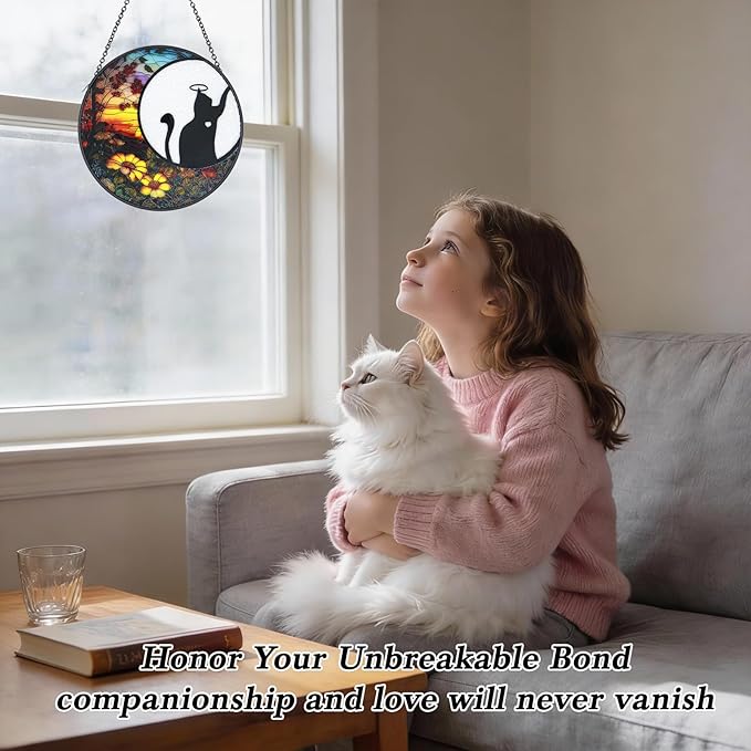 Stained Glass Window Hanging - 6.3 Inch Cat Memorial Suncatcher, Cat Ornament for Window Home Door Wall Garden Outdoor in Loving Memory for Loss, Cat Lover Sympathy Gifts for Adults Women Men