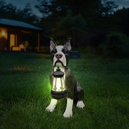 Outdoor Boston Terrier Dog Statue with Interchangeable Welcome Sign and Detachable Solar Lantern –LED Light Garden Dog Sculpture Décor, Cute Puppy Design for Yard, Porch, Gift