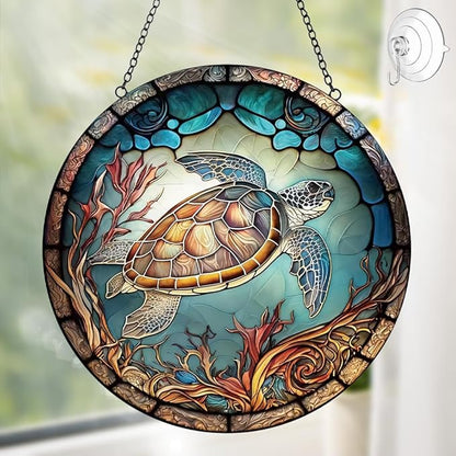 Sea Turtle Decor Suncatcher Stained Glass Window Hanging - Handmade Suncatchers for Windows Hanging - Sea Art Sun Catchers Indoor Outdoor Garden Ornament - Mothers Day Birthday Gifts for Mom Grandma