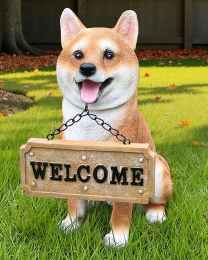 Akita Dog Garden Statue with Solar Lantern, Outdoor Resin Puppy Animal Sculpture with Double-Sided Sign (Welcome & On Patrol), Waterproof Lawn Yard Porch Patio Decor, Dog Lover Gifts, 11.4"