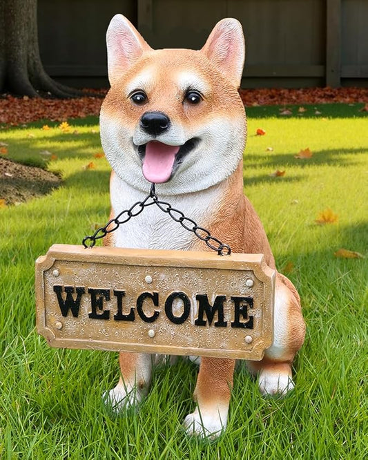 Akita Dog Garden Statue with Solar Lantern, Outdoor Resin Puppy Animal Sculpture with Double-Sided Sign (Welcome & On Patrol), Waterproof Lawn Yard Porch Patio Decor, Dog Lover Gifts, 11.4"