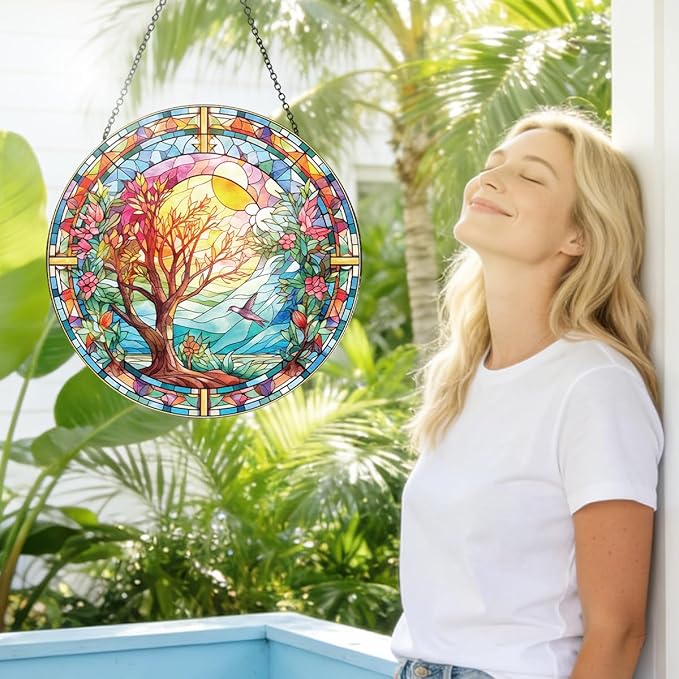 Spring Tree Stained Glass Suncatcher, Colorful Floral Window Hanging, Round Glass Sun Catcher Wall Decor Gift, Watercolor Blooming Wall Glass Ornament 8 Inch
