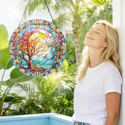 Spring Tree Stained Glass Suncatcher, Colorful Floral Window Hanging, Round Glass Sun Catcher Wall Decor Gift, Watercolor Blooming Wall Glass Ornament 8 Inch