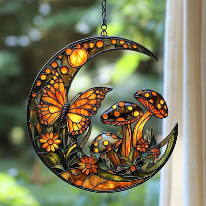 Cresent Forest Butterfly Acrylic Suncatcher Stained Glass Effect Window Car Hanging Christmas Ornament Indoor Outdoor Decor Garden Sun Catcher Panel for Boho Lover for Women Mom Grandma