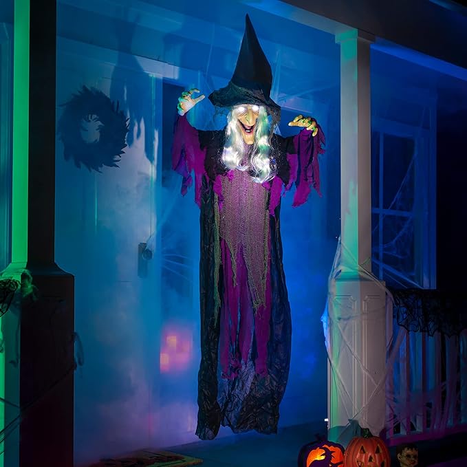 JOYIN 72” Halloween Hanging Witch Decorations Outdoor, Flying Talking Ghost Decor Light Up Eyes Sound Activated, Outside Indoor Haunted House Prop for Lawn Yard Garden, Purple
