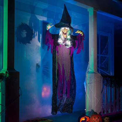 JOYIN 72” Halloween Hanging Witch Decorations Outdoor, Flying Talking Ghost Decor Light Up Eyes Sound Activated, Outside Indoor Haunted House Prop for Lawn Yard Garden, Purple