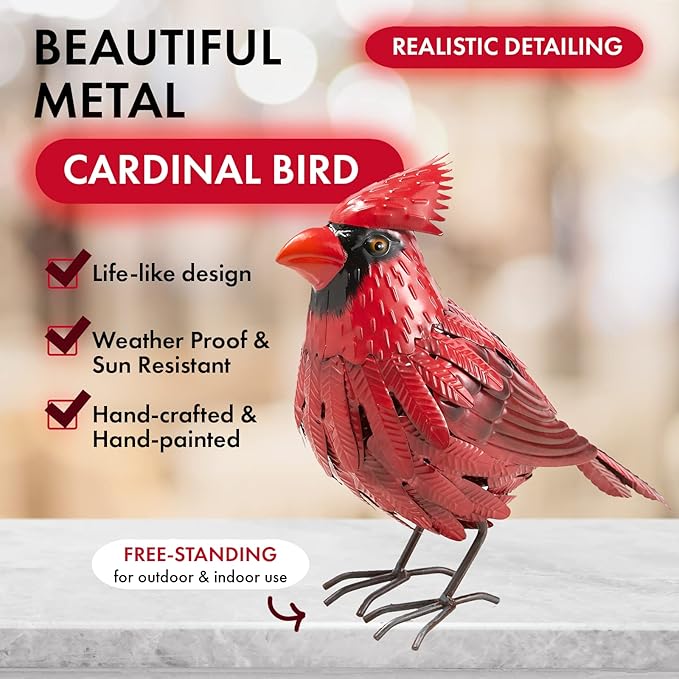 Cardinal Statue Metal Bird Yard Art, Garden Yard Sculpture Art - Red Large Realistic Standing - Christmas, Outdoor Fall, Winter, Spring, Summer Decoration - Handmade Ornament Decor Mom, Sympathy Gifts
