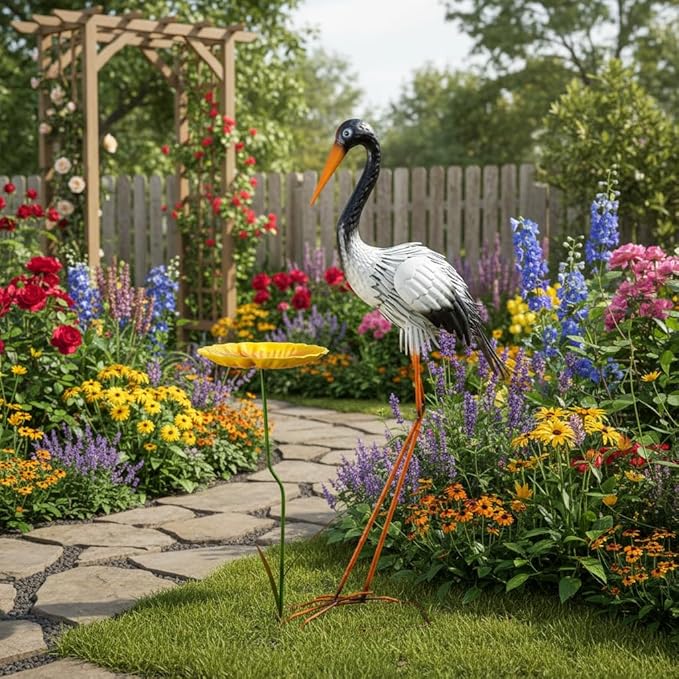 38" Metal Crane Garden Statue with Bird Bath, Large Outdoor Heron Sculpture,Rust-Proof Garden Sculptures & Statues,Yard Art for Patio & Backyard